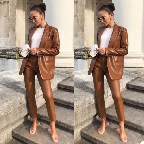 New Women Autumn Blazer Jacket Fashion Brown Leather Long Sleeve Work Tuxedos Suit Coat Office Lady Elegant 2 Pieces