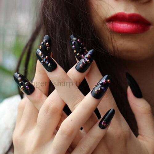 Solid color Hot new design beautiful delicate long oval Hand made candy fake nails Wild black W03