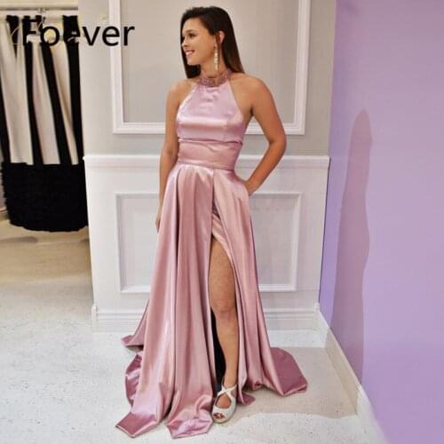 Simple Long Pink Satin Evening Dress 2019 Low Price Gown Formal Party Prom Halter Beading Neck Slit High Quality Gown