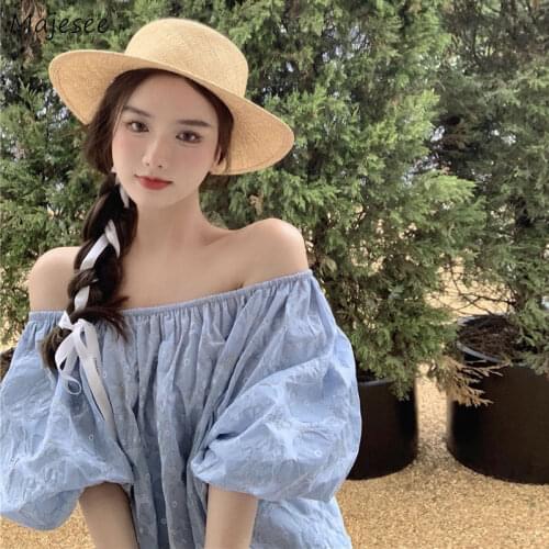 Blouse Women French Style Slash Neck Folds Puff Sleeve Blusas Holiday Comfort Printed Stylish Chic Sweet Sexy Party Beach Summer