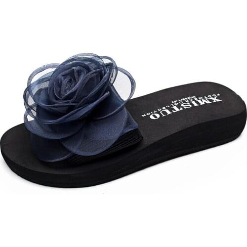 Women Shoes High Quality Summer Beauty Students Ladies Beach Stretch Fabric Slippers Lace With Chiffon Flowers EVA Thick Sandals