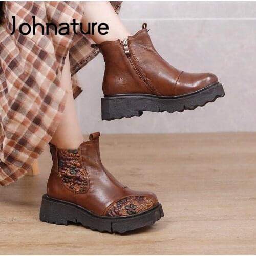 Johnature Genuine Leather Women Boots Retro Shoes Zip Round Toe 2021 New Autumn Winter Leisure Handmade Concise Platform Boots