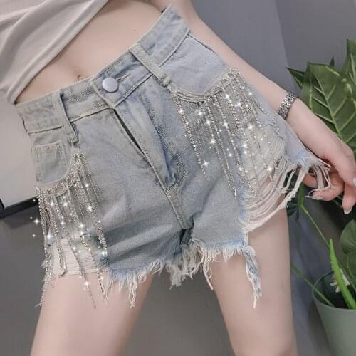 Kroean Summer Fashion Ladies Women High Waisted Wide Leg Rhinestone Chain Tassel Denim Shorts , Womens Hole Jeans Shorts
