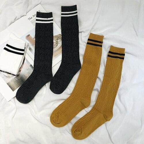Women Warm Cotton Stocking Fashion Knee High Thigh Knitted Stockings Winter Warm Japanese School Student Stripe Long Stockings