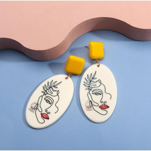 AENSOA Printed Women Face Earring Trendy Acrylic Oval Drop Earrings Large Statement Unique Pendant Earrings Chic Women Earrings