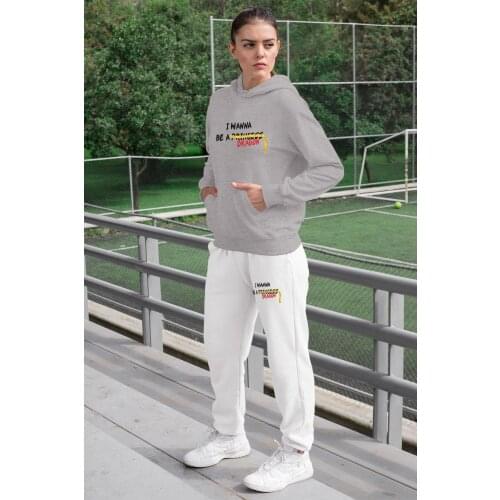 Angemiel Wear I Wanna Be A Dragon Women Tracksuit Set Gray Hooded Sweatshirt White Sweatpants