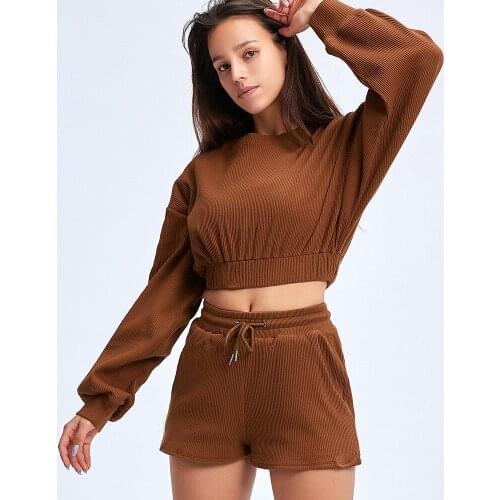 Women Ribbed Solid Sets For Women Casual Tracksuit Sweatshirts And Shorts Fashion Two Piece Sets Ladies Lace Up Sweatshirt Suits