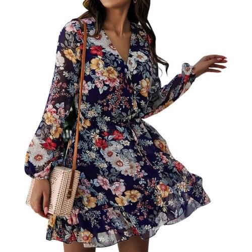 Women Dress Long Puff Sleeve Floral Print Spring Waist Tight Mini Dress Party flowers printed Dresses ruffle fashion robe femme
