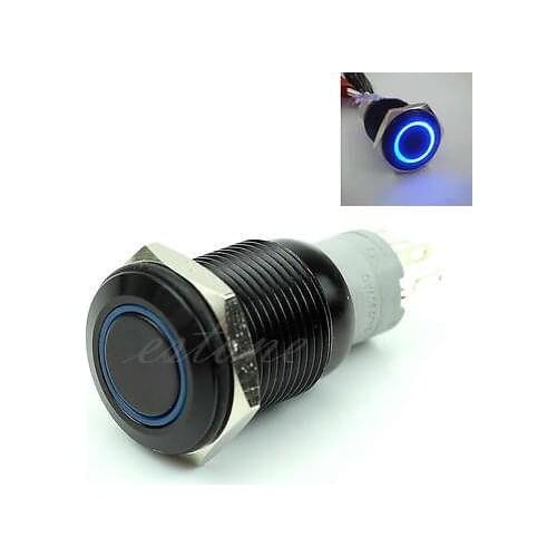 16mm 12V Blue/red/green/yellow/white LED Power Push Button Switch Black Aluminum Metal Latching