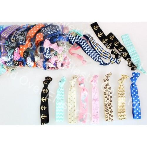 50pcs/lot 5/8'' printed fold over elastic hair ties elastic hair accessories ribbon elastic ponytail holders mix colors
