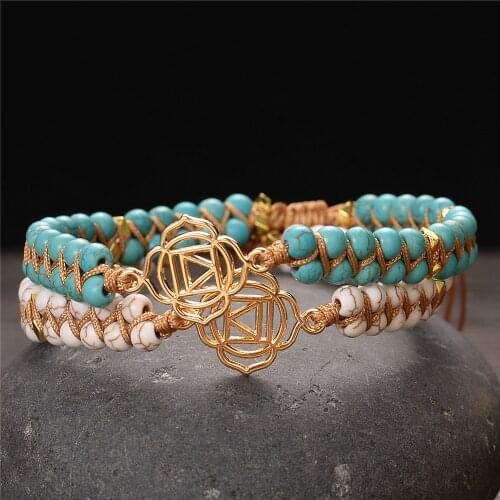 7 Chakras Charm Natural Blue And White Turquoise Yoga Energy Stone Bracelet Women Hand-woven Meditation Bangle Jewelry Gifts