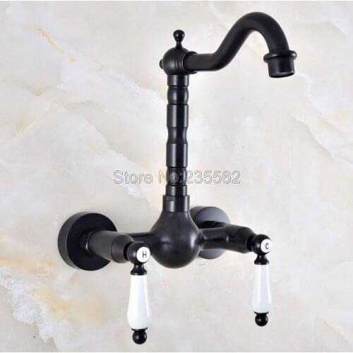 Black Oil Rubbed Brass Kitchen Sink Faucet Wall Mounted Double Handle Bathroom Basin Cold And Hot Mixer Tap lnf857
