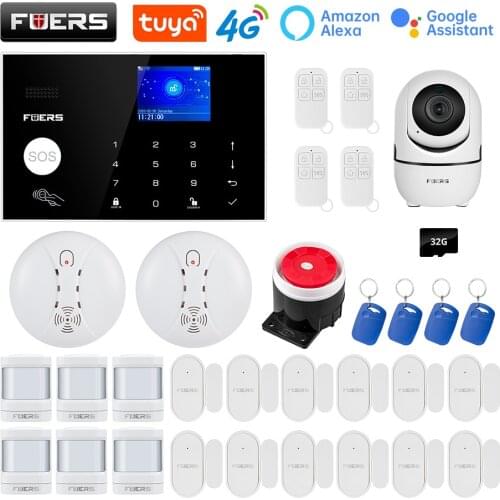 FUERS Security Alarm System WIFI 4G GMS Tuya Smart Home Wireless Alarm Kit Camera Control Siren Motion Detector PIR Smoke