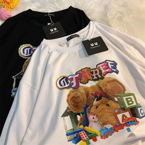 2021 Pure Cotton Basic Cartoon Vintage Bear Print T Shirts Women Y2k Aesthetic Fashion Tops Short Sleeve Casual Summer Clothes