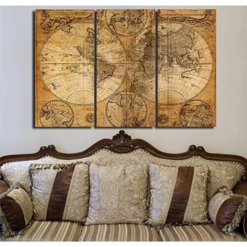 Hd Printed 3 Piece Canvas Art World Map Canvas Ancient Map Painting Wall Pictures For Living Room