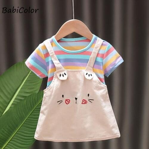 Newborn Girls Clothes Sets Infant Toddler Boys Round Neck Striped T-shirt+Small Face Strap Dress 2-piece Set