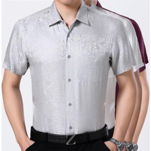 Summer 100% real Silk Shirt, Mens Short Sleeved Shirt, Mens Half Sleeved Jacquard Silk, Satin Short Sleeved Shirt