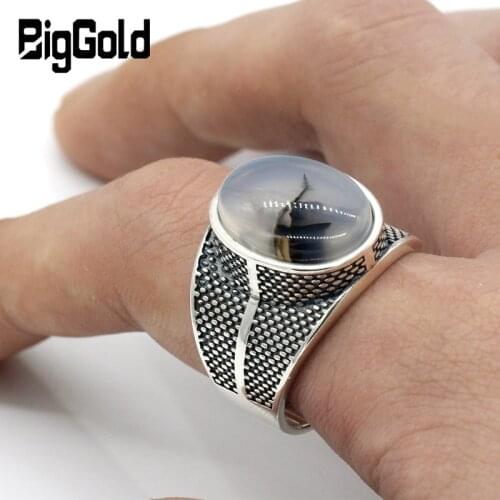 925 Sterling Silver Men Ring with Big Natural Onyx Stone Retro Punk Thai Silver Aqeeq Ring for Male Female Turkish Jewelry