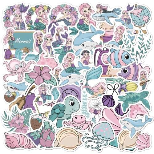 50PCS Cute Mermaid Stickers Pack Cartoon Sea Animal Stickers Water Bottle Skateboard Motorcycle Bicycle Luggage Guitar Sticker