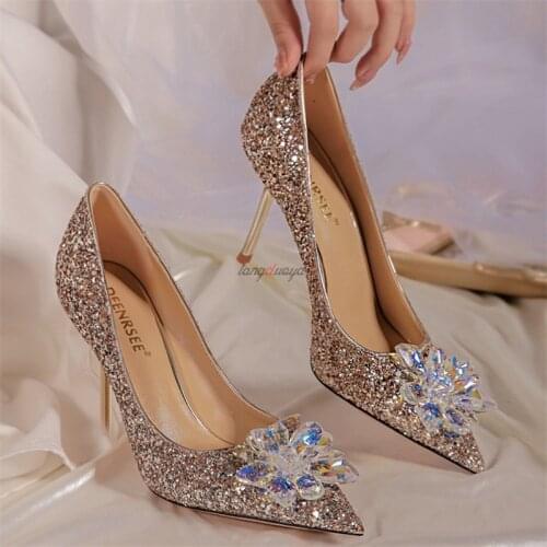 2021 New Cinderella Crystal Shoes Pointed Stiletto Heels Sequin Cloth Wedding Shoes For Banquet Parties High Heels Shoes