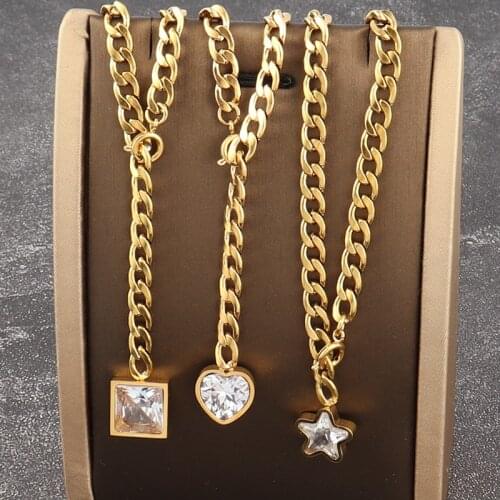 Stainless Steel Necklace For Women Jewelry Necklaces Heart Star Square Zircon Long Chain Necklaces Gold Women’s Thick Necklace