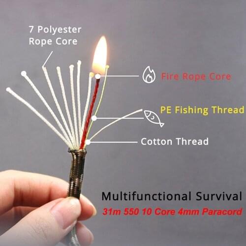 31m Paracord 550 Military Standard 10-Core Paracord 4mm Rope Multifunctional Camp Survival Rescue Rope 10 Shares Camping Lanyard