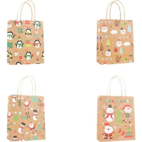 12PCS Kraft Gift Bags For Christmas Carrier Bags Brown Paper With Handle And 4 Different Pattern Reusable Shopping Bag
