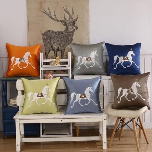 Luxury Satin Embroidery Horse 45*45 Pillow Cushion Cover Sofa Home Bedroom New Year Decorative Throw pillows housse de coussin
