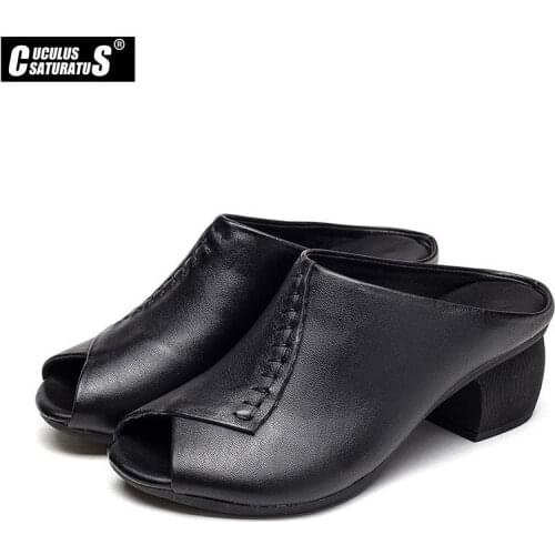 Flip Flop Square heel High heels Genuine Leather slippers women 2020 summer shoes women Fashion Retro slippers ladies shoes