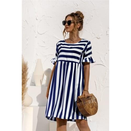 Loose Casual Short Sleeved Mini Dress Womens 2021 Summer Striped Stitching Pockets Lotus Leaf Sleeve Holiday Beach Dresses