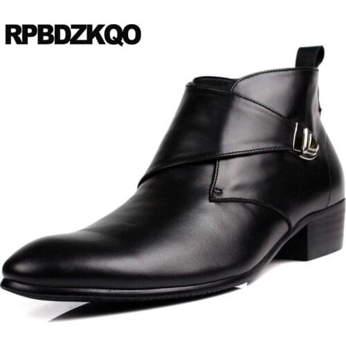 Formal Wedding Chunky Short Autumn Shoes Genuine Leather Booties Ankle Business 2018 Mens Pointed Toe Dress Boots Full Grain