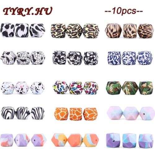 TYRY.HU 10pcs 14mm Hexagon Silicone Beads Terrazzo & Leopard Print Baby Teething Beads For DIY Baby Pacifier Chain BPA Free