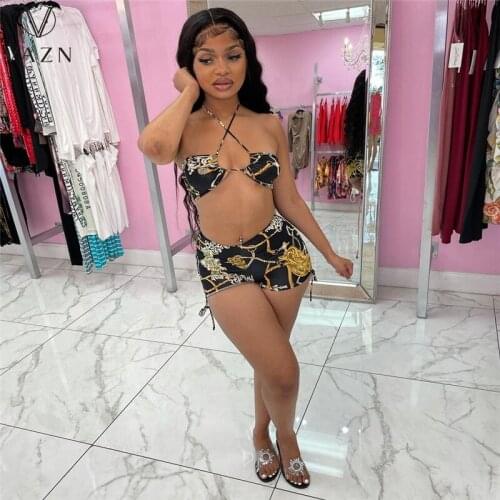VAZN 2021 New Fashion Bikini Shinny Set Top Open Short Pant Sexy Young High Waist Skinny Women 2 Piece Set