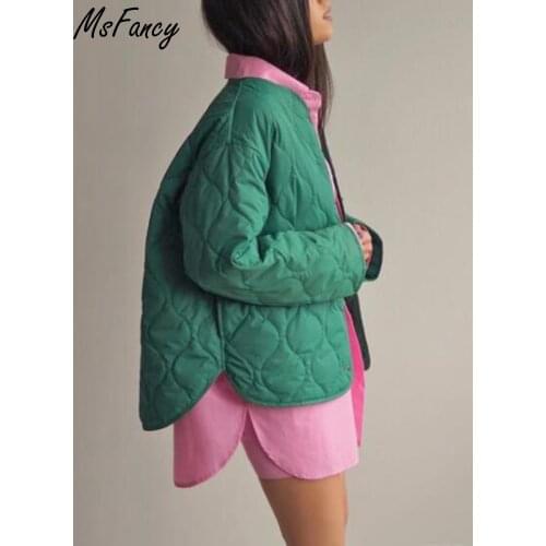 Msfancy Green Quilted Coats Women 2021 Harajuru O-neck Single Breasted Jacket Fall Female Casual Bomber Jacket