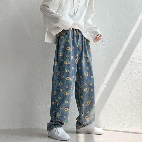 High Waist Loose Comfortable jeans Women Sunflower print Elastic waist jeans Casual Straight Pants Mom Jeans Boyfriend Jeans