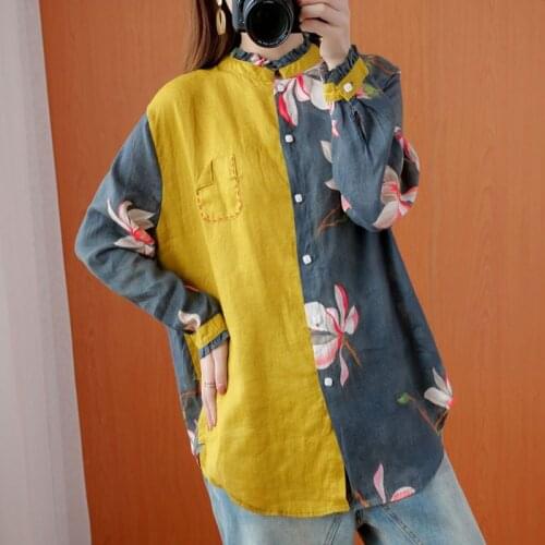 Oversized Women Autumn Cotton Linen Shirts New 2020 Vintage Style Floral Print Long Sleeve Female Loose Casual Tops S1760