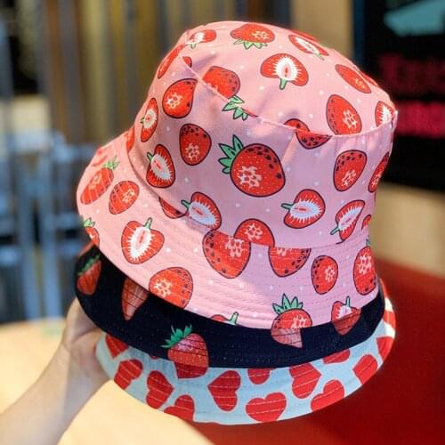 Women Strawberry Print Pot Hat Outdoor Vacation Sunscreen Fisherman Hat for Summer LXH