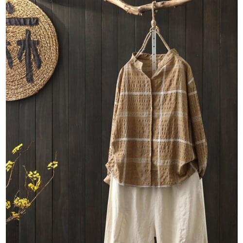 2020 Spring New Arts Style Women Long Sleeve Loose V-neck Shirts Vintage Cotton Linen Plaid Casual Blouses Femme Tops S827