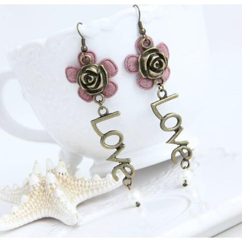 Retro Handmade Women Girl Cute 3.1" Long Earrings Flower LOVE Bead Drop Bronze Alloy Metal Dangle Hook Vintage Fashion Jewelry