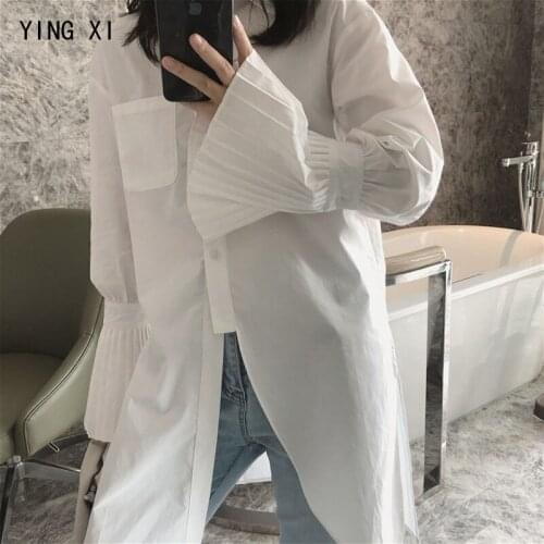 YING XI 2020 Spring White Solid Casual Single Breasted Cardigans Long Sleeve Press-pleating Kick Pleat Women Shirt