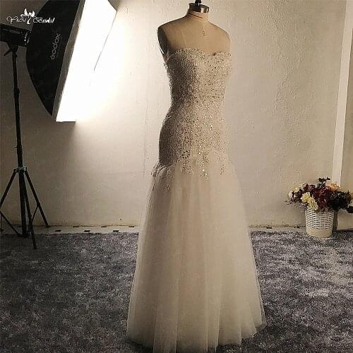 RSW1483 Bling Bling Dropped Waistline Floor Length Sequin Lace Trumpet Vestido De Noiva 2019