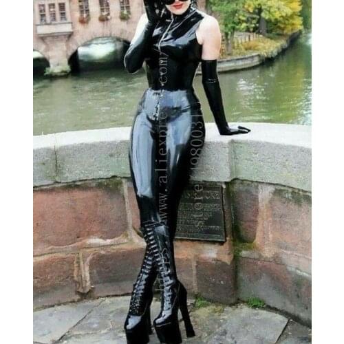 Womens latex catsuit long sleeve latex bodysuit with corset and finger gloves in solid black color