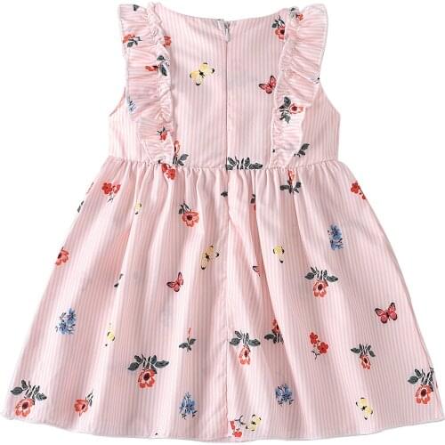 Girl’s Summer Sleeveless Dress Fresh Stripe Flower Flounce Round Neck A-line Princess Dress