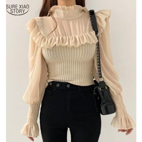 Winter Causal Spliced Knit Shirt Elegant Turtleneck Shirt Top Autumn 2021 Korean Chic Fashion Chiffon Blouses Women Blusas 16481