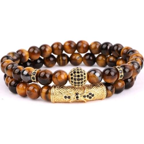 Fashion men beads bracelet 2pc set natural stone A grade tiger eye CZ ball beaded bracelet men