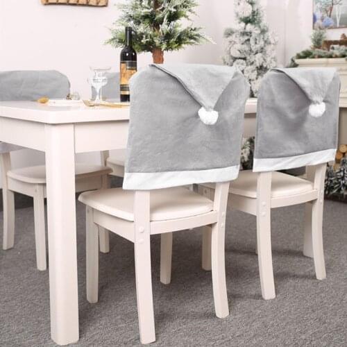 4Pcs/Set Christmas Chair Back Covers Classic Gray Santa Claus Hat Non-Woven Fabric Slipcover with Pompom Ball Home Decoration