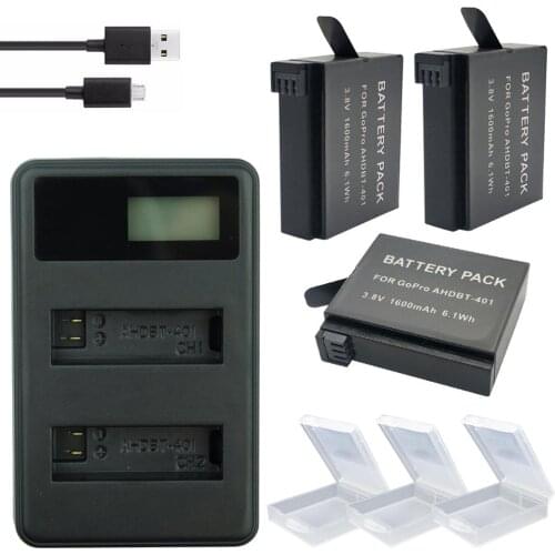 3x AHDBT-401 bateria for Gopro Hero 4 Battery + LCD USB Dual Charger For GoPro Hero 4 HERO4 AHDBT401 Camera accessory