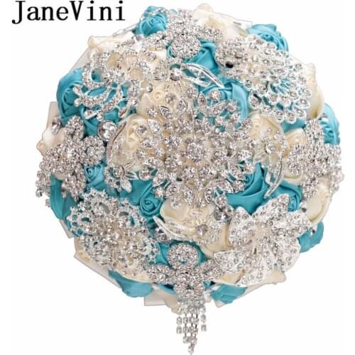 JaneVini Sparkly Rhinestones Blue Flower Wedding Bouquets Bridal Satin Rose Silver Crystal Bride Brooch Beaded Holding Flowers