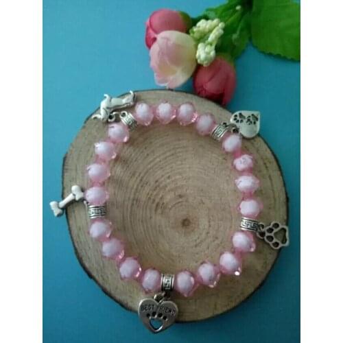 Fast delivery Heart Dog&Bones&Dog Paw Pendant Pink Crystal Beaded Protection Spiritual Stretchy Bracelets&Bangle Jewelry
