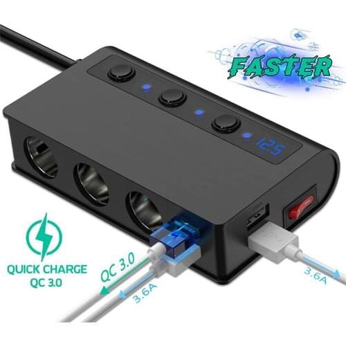 Quick Charge 3.0 Cigarette Lighter Splitter 12V/24V 3-Socket 180W ON-OFF DC Power Car Splitter with 4-Port USB Car Charger